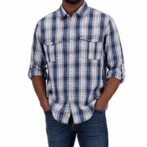 Izod Men's Plaid Button Up Shirt S Blue Pink Utility Roll Tab Long Sleeve Cotton